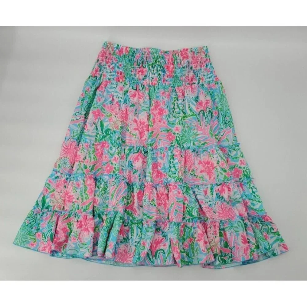 Lilly Pulitzer Deavan Midi Skirt Amalfi Blue Pink Leaf it Wild Size Large NWT